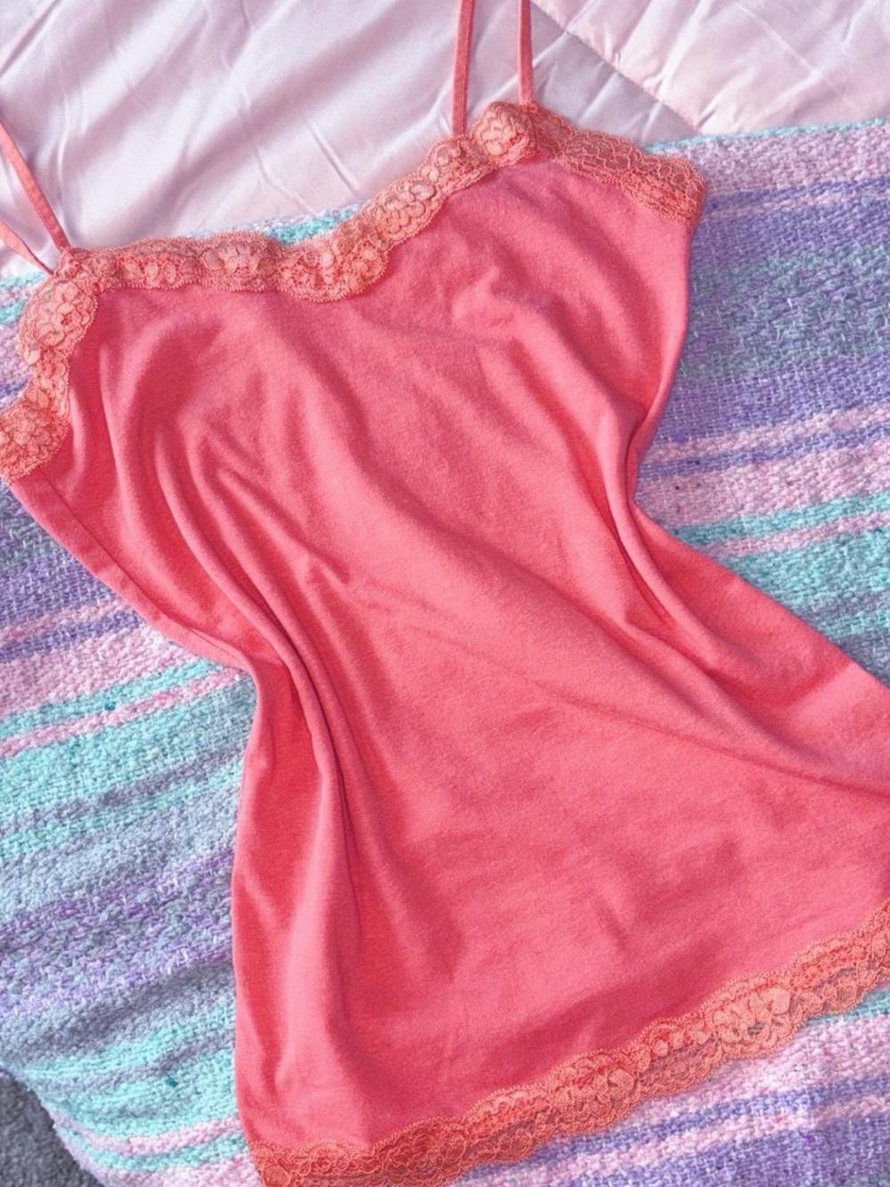 Y2K Delia’s Lace Trim Cami Tank Top Orange Pink Spaghetti Strap Medium M